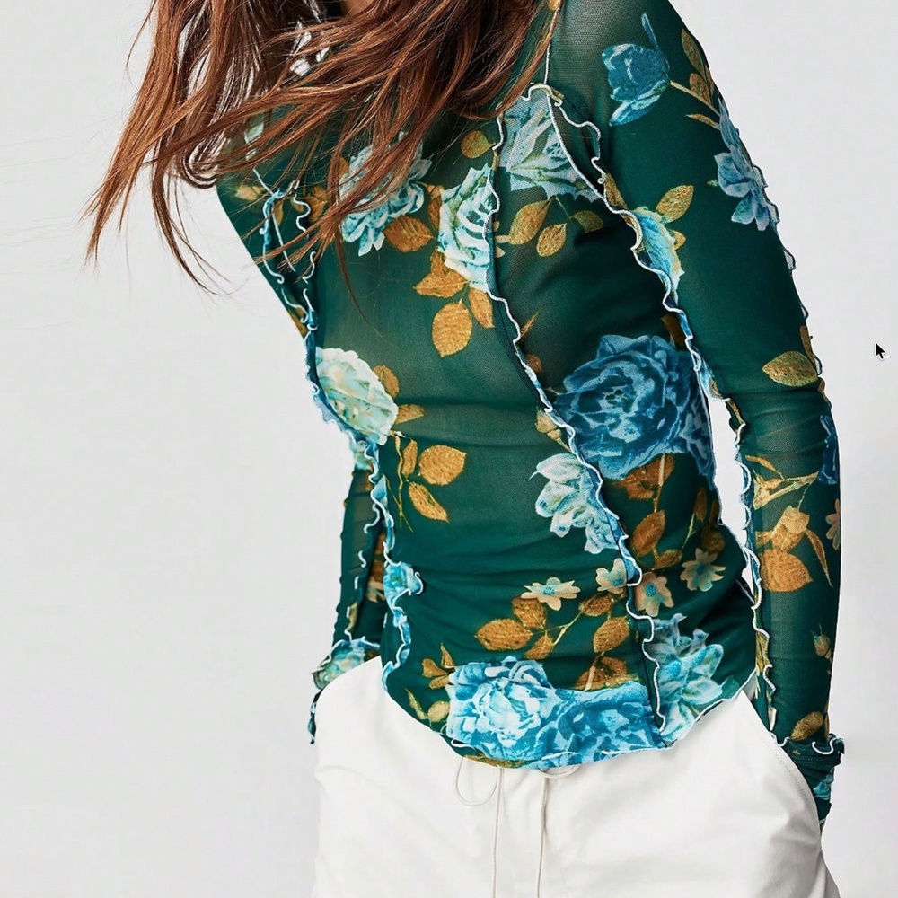 Boho Floral Print mock neck semi sheer long sleeve Top
